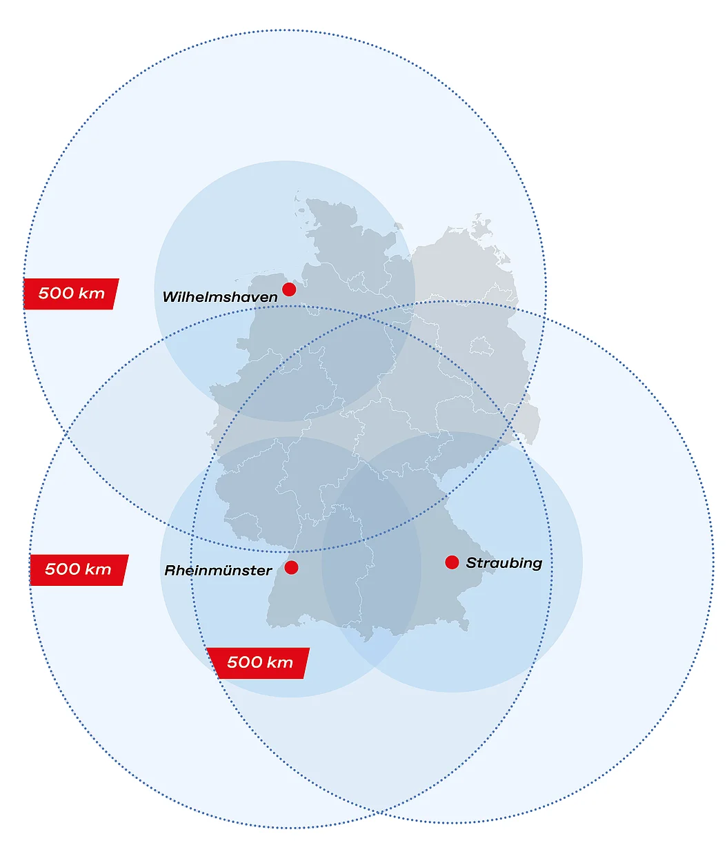 [Translate to English:] Eine Karte zeigt die drei Werftstandorte der DRF Aviation Services in Rheinmünster, Straubing und Wilhelmshaven.